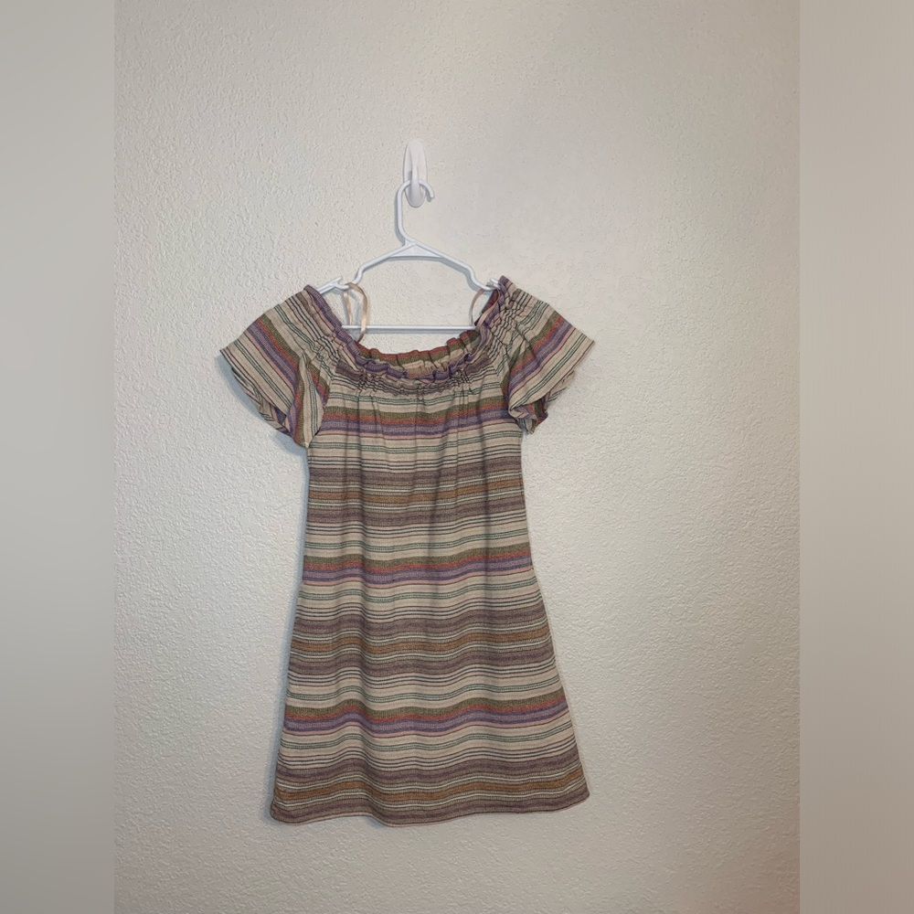 Philosophy Women Sz Small Boho Dress Ivory Colorful Stripe Cotton Off Shoulder - Picture 2 of 10
